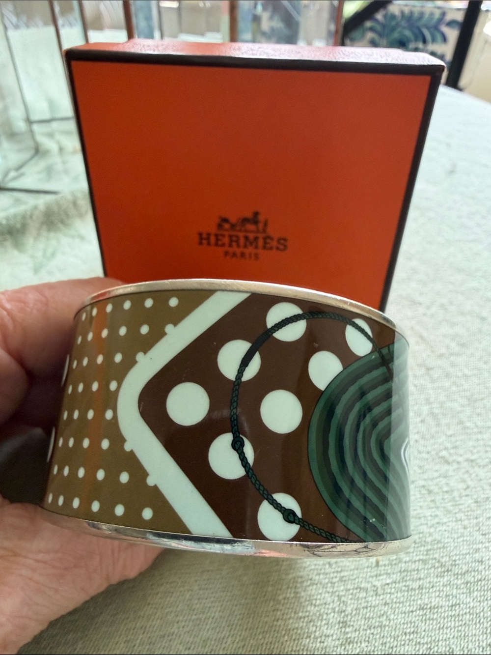 Hermes enamel Brown and White Polka Dot Cuff Bracelet